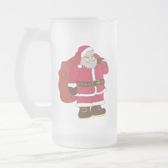 Santa Claus in red with gift bag and eyeglasses   Frosted Glass Beer Mug (Left)