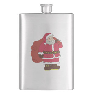 Santa Claus in red with gift bag and eyeglasses Hip Flask