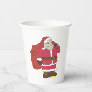 Santa Claus in red with gift bag and eyeglasses Paper Cups