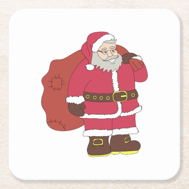 Santa Claus in red with gift bag and eyeglasses  Square Paper Coaster (Front)