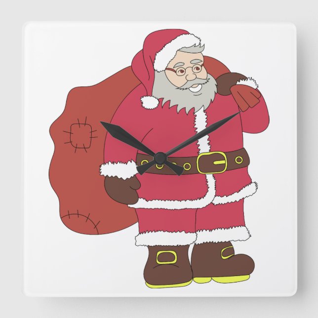 Santa Claus in red with gift bag and eyeglasses  Square Wall Clock (Front)