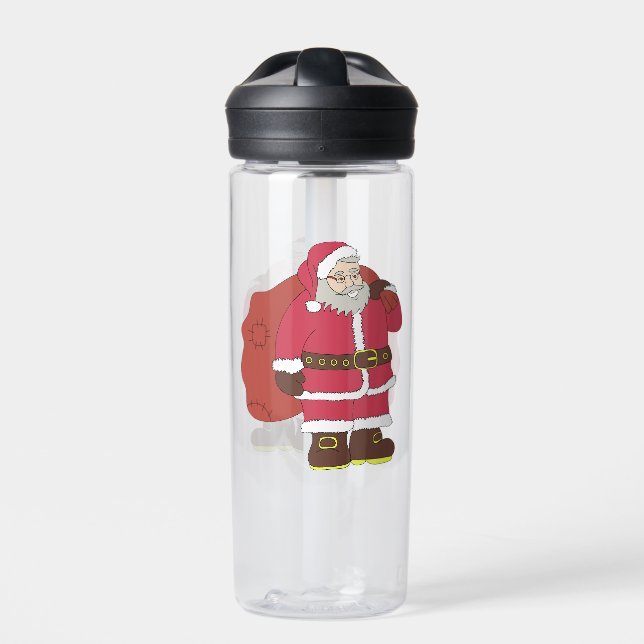 Santa Claus in red with gift bag and eyeglasses  Water Bottle (Front)