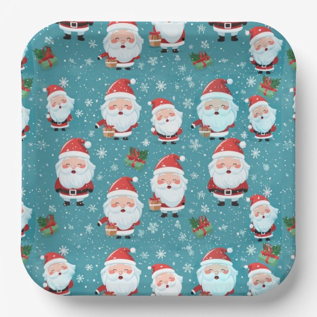 Santa Claus In Snowflakes Paper Plate (Front)