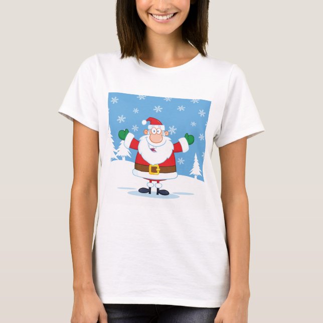 Santa Claus in Snowy Winter Scene T-Shirt (Front)