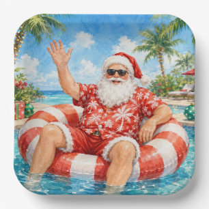 SANTA CLAUS in the pool at the Beach Christmas Paper Plate
