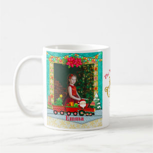 Santa Claus in Train with Gifts and Christmas Tree Coffee Mug