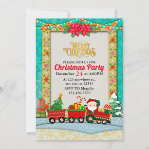 Santa Claus in Train with Gifts and Christmas Tree Holiday Card