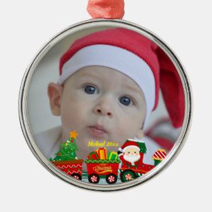 Santa Claus in Train with Gifts and Christmas Tree Metal Tree Decoration