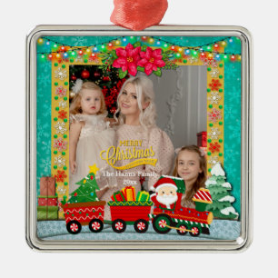 Santa Claus in Train with Gifts and Christmas Tree Metal Tree Decoration