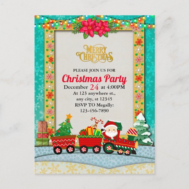 Santa Claus in Train with Gifts and Christmas Tree Postcard (Front)