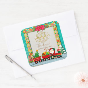 Santa Claus in Train with Gifts and Christmas Tree Square Sticker