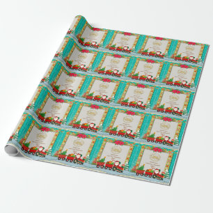 Santa Claus in Train with Gifts and Christmas Tree Wrapping Paper