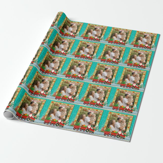 Santa Claus in Train with Gifts and Christmas Tree Wrapping Paper (Unrolled)