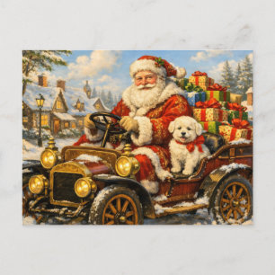 Santa Claus in Vintage Car Delivering Presents Holiday Postcard
