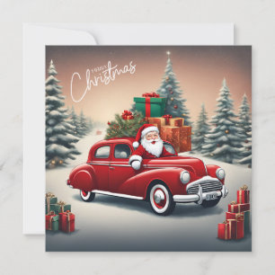 Santa Claus in Vintage Red Car Christmas  Holiday Card