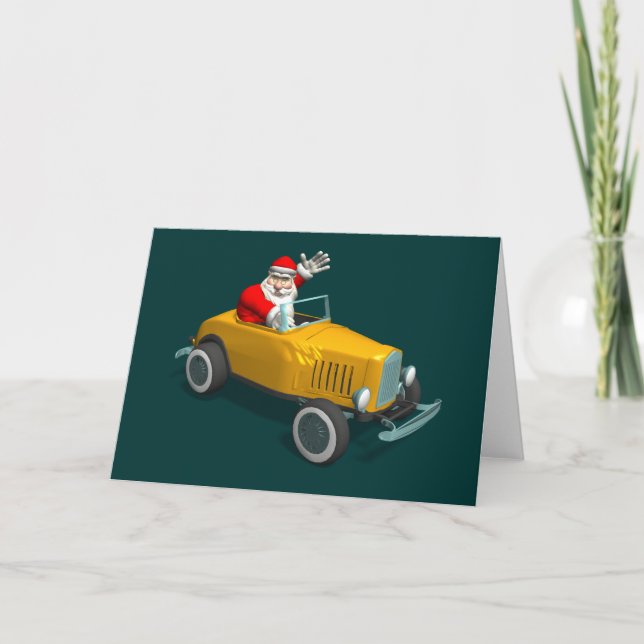 Santa Claus In Yellow Hot Rod Holiday Card (Front)