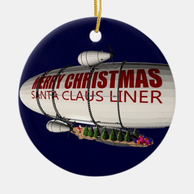 Santa Claus In Zeppelin Ceramic Tree Decoration (Front)