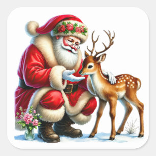 Santa Claus Interacting With a Gentle Reindeer Square Sticker