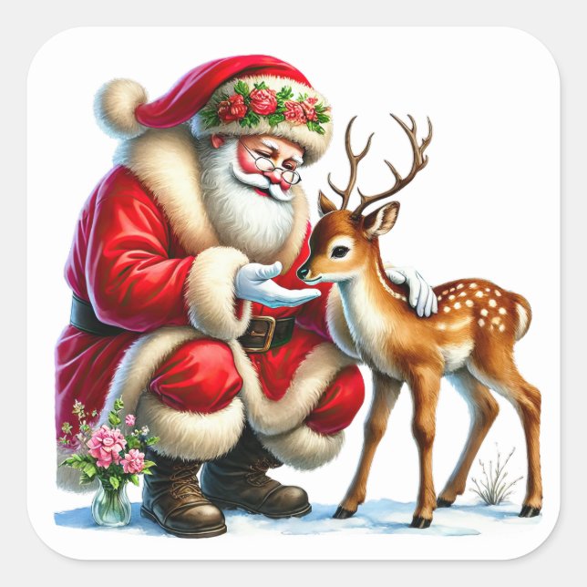 Santa Claus Interacting With a Gentle Reindeer Square Sticker (Front)