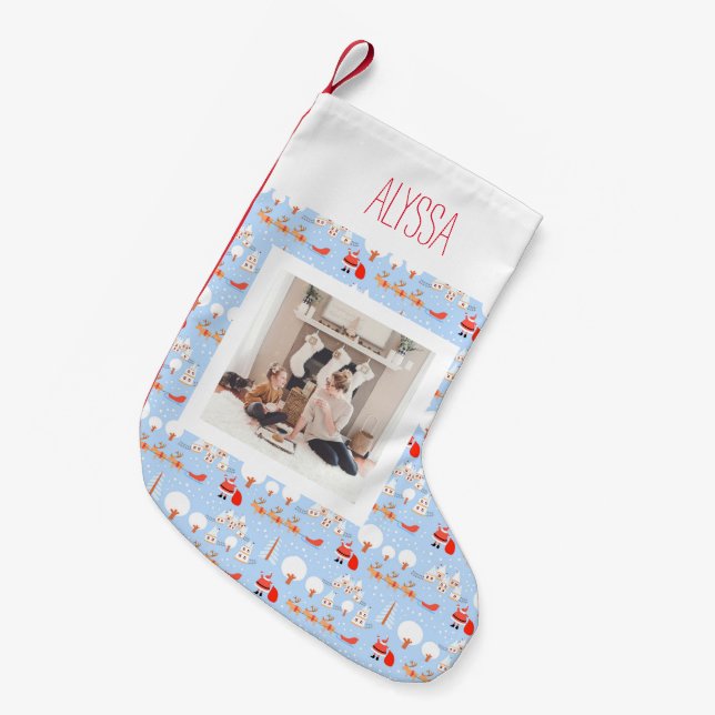 Santa Claus is Coming w Reindeer Name & Photo Small Christmas Stocking (Front (Hanging))
