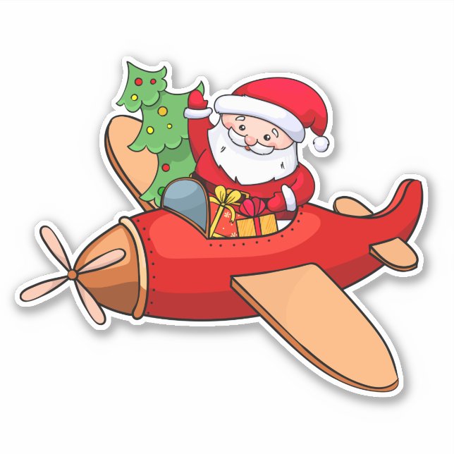Santa Claus is flying in a red aeroplane with gift (Front)