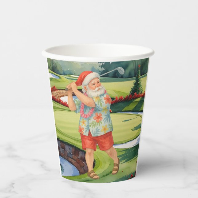 Santa Claus is golfing on Christmas golf course  Paper Cups (Front)