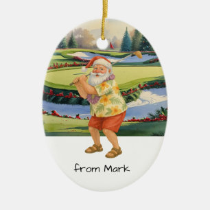 Santa Claus is golfing on golf course at Baunker Ceramic Tree Decoration