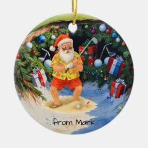 Santa Claus is golfing on golf course at Baunker Ceramic Tree Decoration