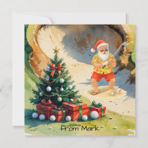 Santa Claus is golfing on golf course at Baunker Holiday Card