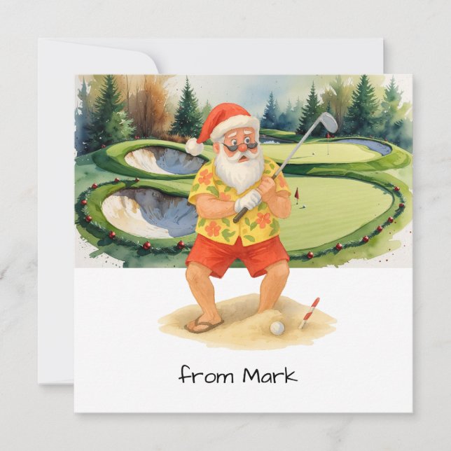 Santa Claus is golfing on golf course at Baunker Holiday Card (Front)