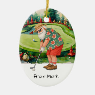 Santa Claus is golfing on golf course background Ceramic Tree Decoration