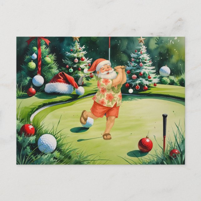 Santa Claus is golfing on putting green Holiday Postcard (Front)