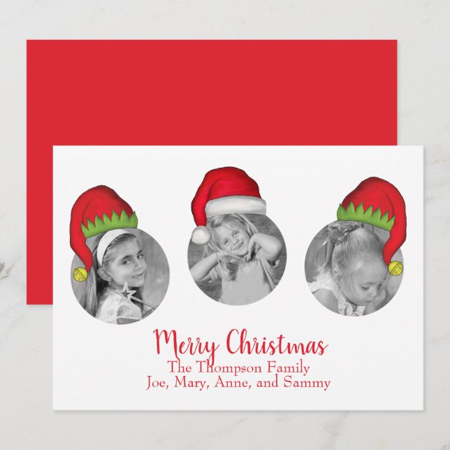 Santa Claus Jolly Elf Whimsical North Pole 3 Photo Holiday Card (Front/Back)