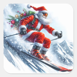 Santa Claus Joyfully Skiing Down a Snowy Mountain Square Sticker