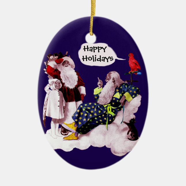 SANTA CLAUS, LITTLE ANGEL & MERLIN Christmas Party Ceramic Tree Decoration (Front)