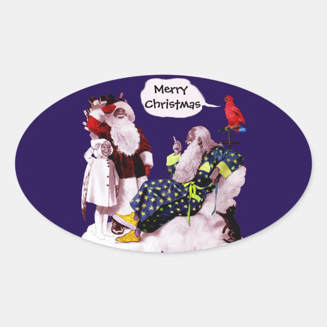 SANTA CLAUS,LITTLE ANGEL& MERLIN Christmas Party Oval Sticker (Front)