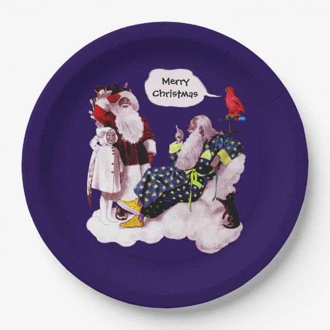 SANTA CLAUS, LITTLE ANGEL & MERLIN Christmas Party Paper Plate (Front)