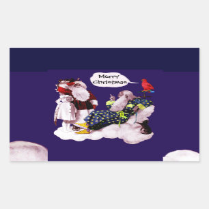 SANTA CLAUS,LITTLE ANGEL& MERLIN Christmas Party Rectangular Sticker