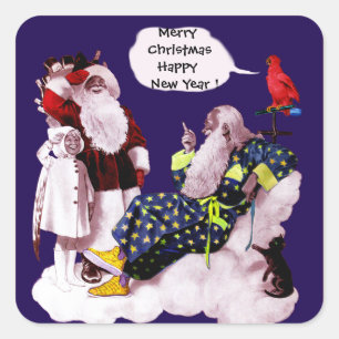 SANTA CLAUS,LITTLE ANGEL& MERLIN Christmas Party Square Sticker