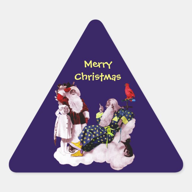 SANTA CLAUS,LITTLE ANGEL& MERLIN Christmas Party Triangle Sticker (Front)