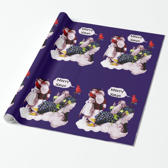 SANTA CLAUS,LITTLE ANGEL& MERLIN Christmas Party Wrapping Paper (Unrolled)