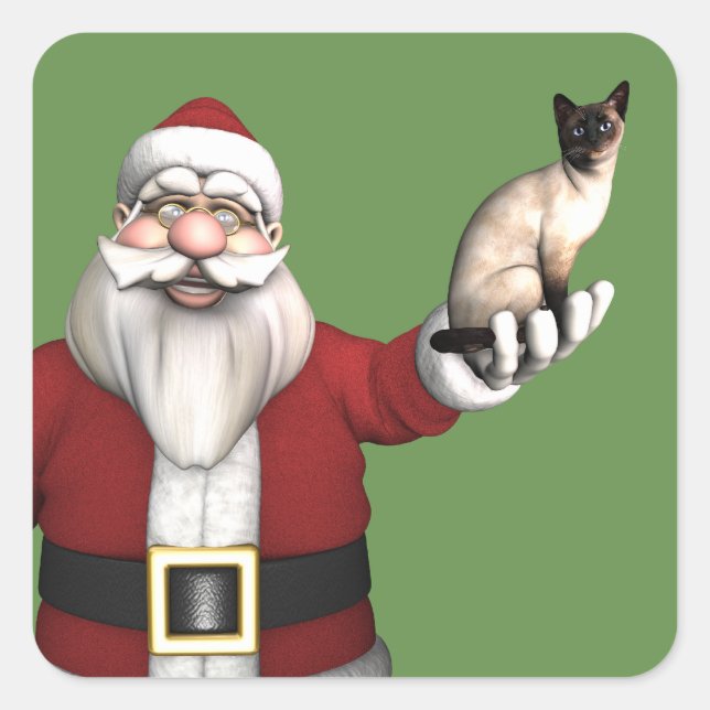 Santa Claus Loves His Siamese Cat Square Sticker (Front)