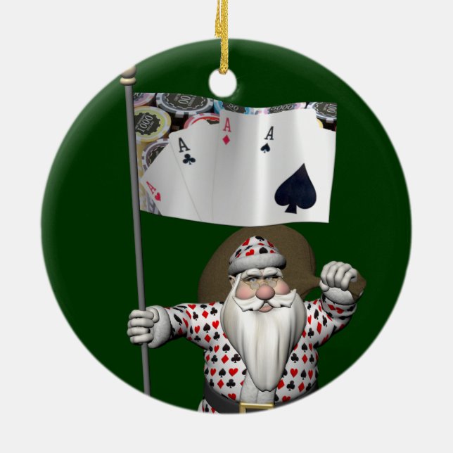 Santa Claus Loves Playing  Poker Ceramic Tree Decoration (Back)