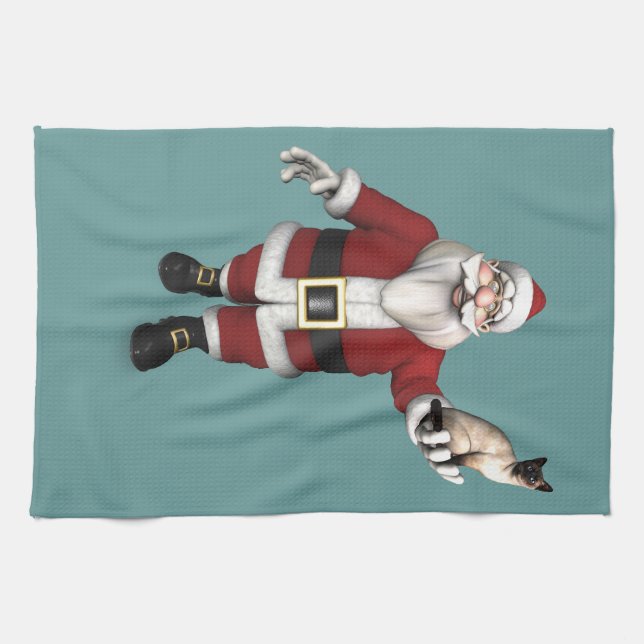 Santa Claus Loves Siamese Cats Tea Towel (Horizontal)