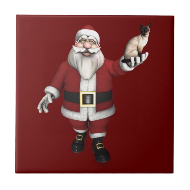 Santa Claus Loves Siamese Cats Tile (Front)