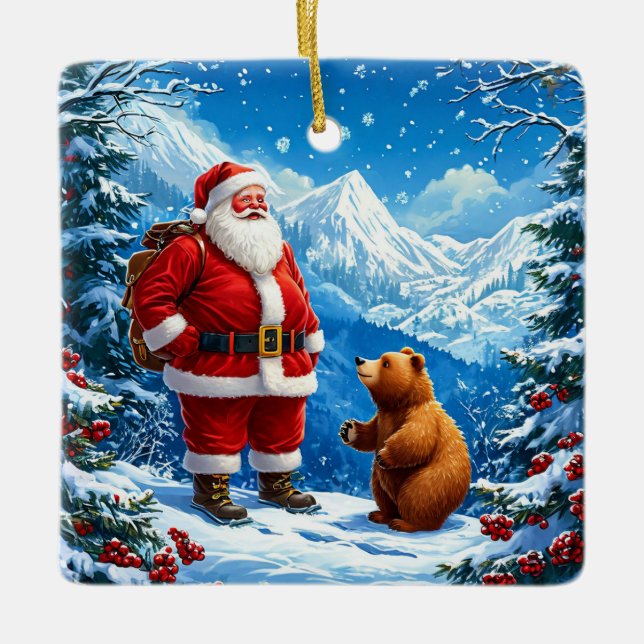 Santa Claus Meets Friendly Bear in Snowy Mountain Ceramic Ornament (Front)