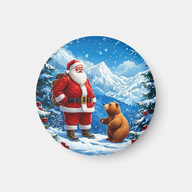 Santa Claus Meets Friendly Bear in Snowy Mountain Magnet (Front)