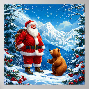 Santa Claus Meets Friendly Bear in Snowy Mountain Poster