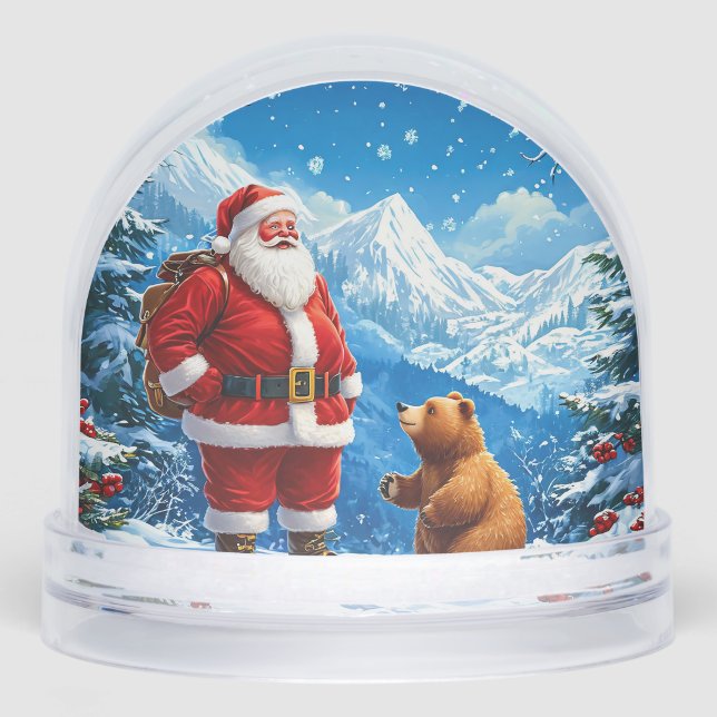 Santa Claus Meets Friendly Bear in Snowy Mountain Snowglobe (Front)