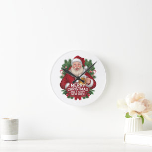 Santa Claus Merry Christmas Happy New Beer Round Clock